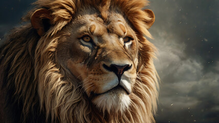Naklejka premium Lion of Judah, exuding strength and power. Christian conceptual illustration. AI generated image 