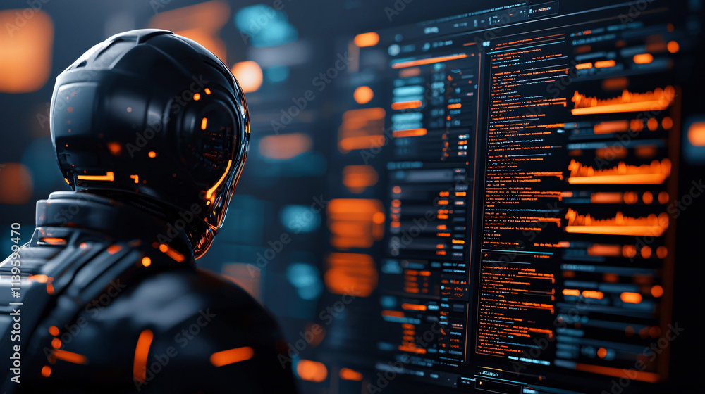 Poster futuristic robot analyzing data on high tech screen, illuminated by orange and blue lights, showcasing advanced technology and cybernetic design
