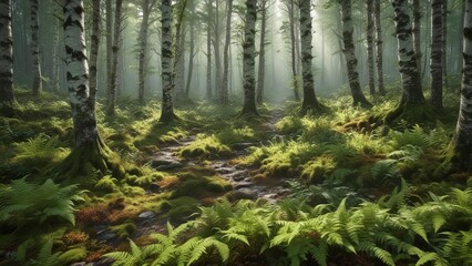 serene forest scene with birch trees and dense undergrowth of ferns and moss, landscape, natural scenery, natural beauty