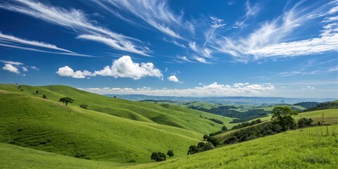 Fototapeta premium Rolling Green Hills Under a Vivid Blue Sky with Wispy Clouds