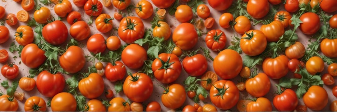 Roter und orange gestreifter Tomatenstrunk mit Blumen auf Pastellhintergrund, gr?n, dunkel