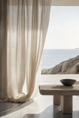 Modern minimalistic outdoor terrace with ocean view and linen curtains - interior design magazine style