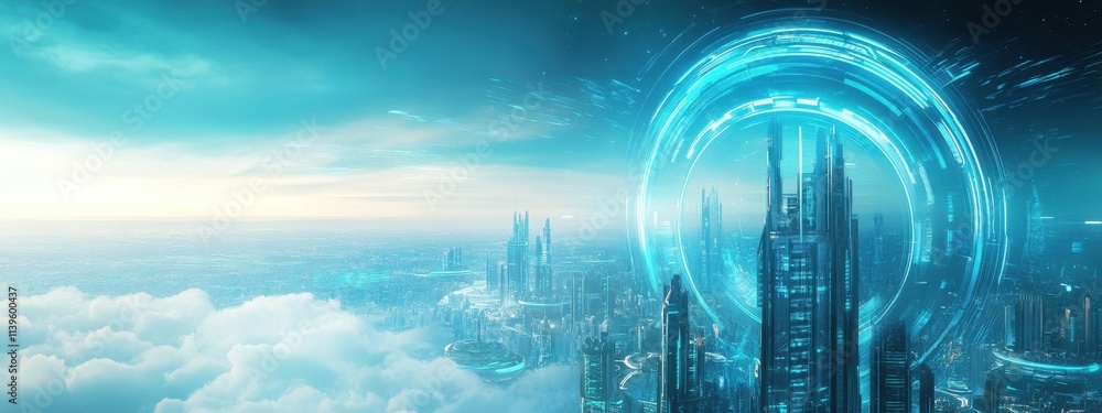 Poster futuristic cityscape with advanced technology and cloudy sky, evoking a sense of innovation and prog