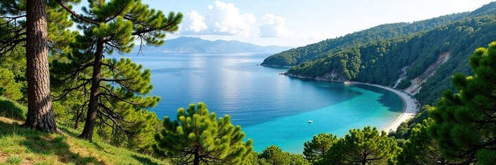 Obraz premium Pine forest with juniper trees in Balaklava Bay, evergreen tree, balaklava bay