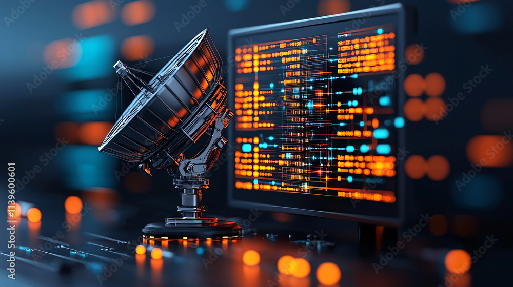 Aufkleber detailed image of telecommunications hub featuring satellite dish and digital display, showcasing vi