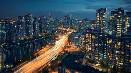 Fototapeta premium Night Cityscape with Illuminated Highway. Urban Skyline at Dusk.