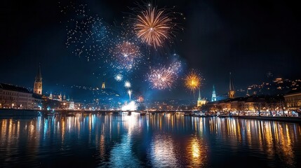A grand New Year celebration featuring colorful fireworks exploding above a luxury riverside city skyline,