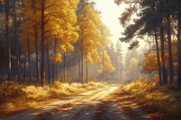 Fototapeta premium Discover the beauty of fall with this anime-themed forest scene.