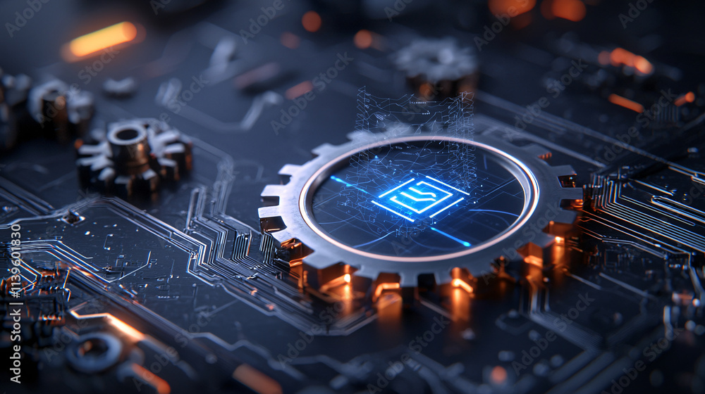 Aufkleber digital blueprint of AI driven threat detection system featuring intricate circuitry and glowing gear. design showcases advanced technology and innovation