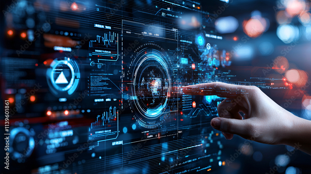 Leinwandbilder digital dashboard displaying KPIs and actionable insights with hand interacting with interface. futuristic design emphasizes technology and data visualization