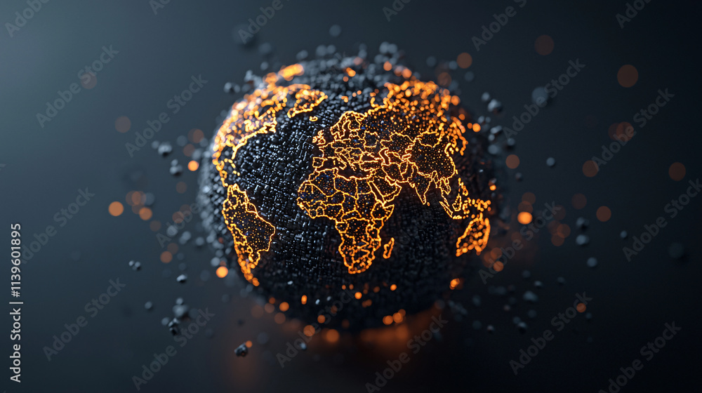 Poster digital globe representation with glowing orange continents and dark background, symbolizing global 
