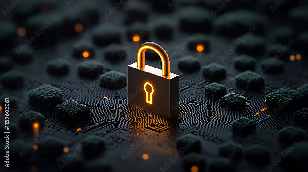 Aufkleber digital lock symbolizing encryption during cyberattack, showcasing security and technology. padlock stands out against circuit board background, representing data protection