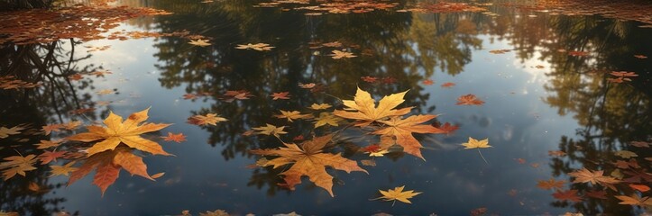 Maple leaves dancing on the surface of a lake during autumn with gentle ripples and reflection, dance, reflection