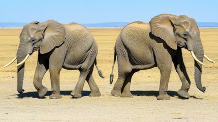 Two elephants walking side by side across a dry savanna.