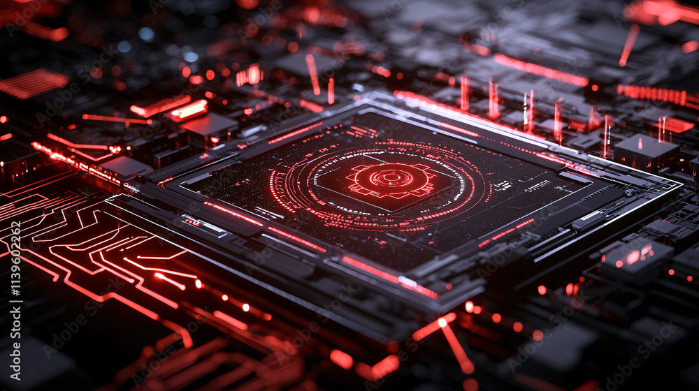 Poster digital representation of ai powered threat detection with intricate circuitry and glowing red accen