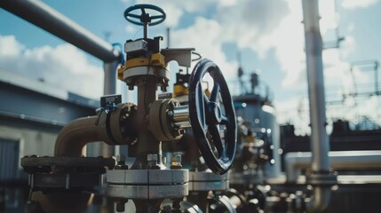 Fototapeta premium Industrial pipeline valve control system outdoors under sunny sky.