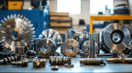 A collection of turbine and compressor rotor components disassembled, showcasing blades, shafts, and seals in a mechanical workshop.
