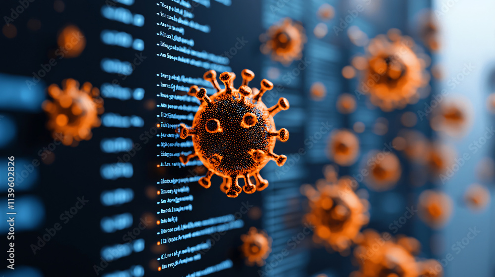 Poster digital representation of malware infiltration with virus particles, showcasing complex network of d