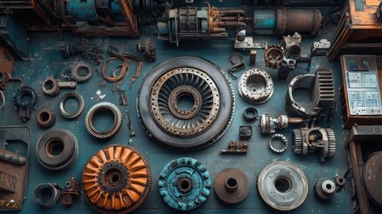 A collection of turbine and compressor rotor components disassembled, showcasing blades, shafts, and seals in a mechanical workshop.