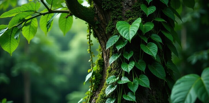Kratom tree on dark plant tree with green leaves and vines, foliage, nature, tropical