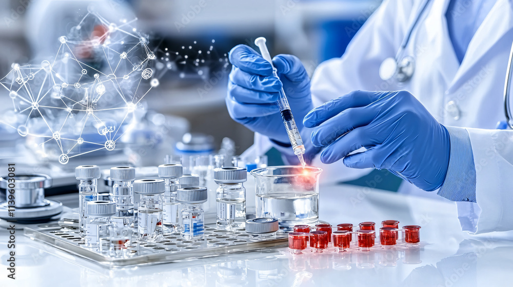 Poster laboratory scene with doctor using syringe to conduct experiments, showcasing biotechnology and rese