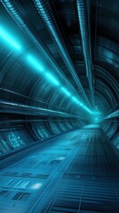 Obraz premium Futuristic Sci-Fi Tunnel with Neon Blue Lights and Sleek Metallic Surfaces, Evoking a Sense of Speed and Modern Technology in a High-Tech Environment