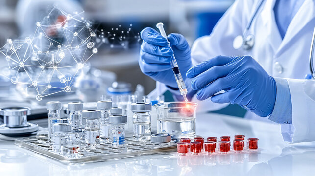 Laboratory scene with doctor using syringe to conduct experiments, showcasing biotechnology and research. atmosphere is focused and innovative