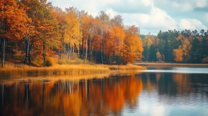 Fototapeta premium Autumn lake scenery. Colorful fall foliage reflected on calm water.