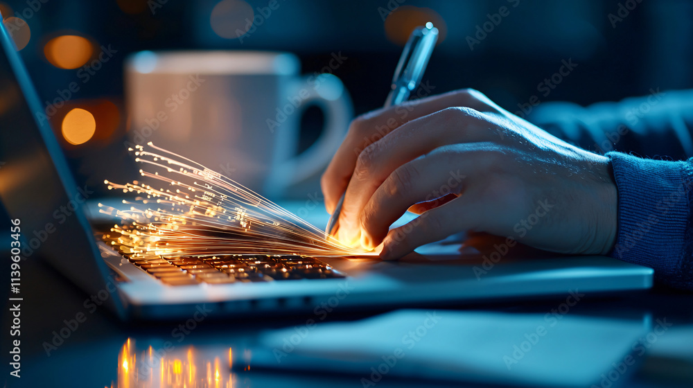 Aufkleber Innovative digital technology concept with glowing data streams person is writing on laptop, symbolizing creativity and modern communication