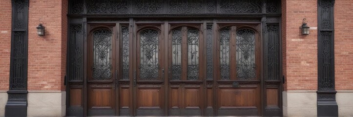Historic building with ornate ironwork and wooden doors in Bloomington Illinois, brick facade, downtown architecture, historic building