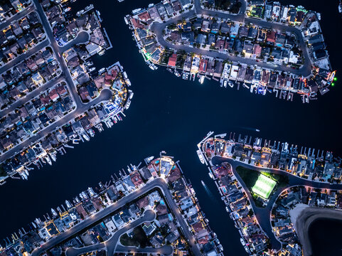 Illuminated Marina and Waterfront Homes at Night in Huntington Beach