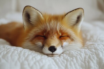 Fototapeta premium one sleeping fox on white bed background, abstract wild pets