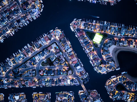 Illuminated Marina and Waterfront Homes at Night in Huntington Beach