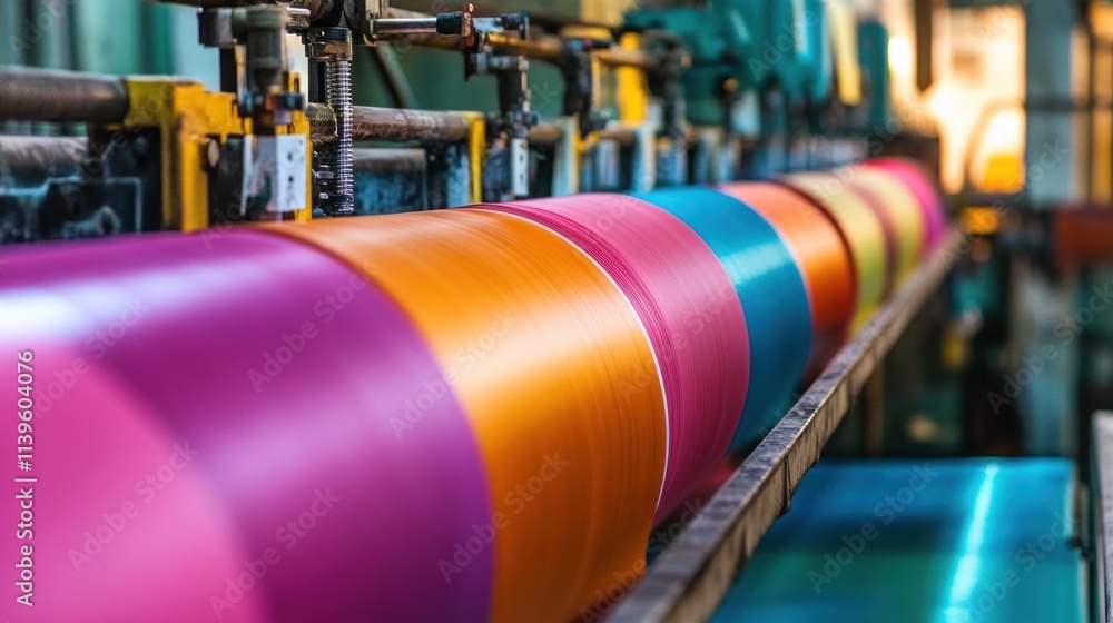 Poster A colorful paper factory with machinery in action, producing a variety of bright, vibrant paper rolls for the market.