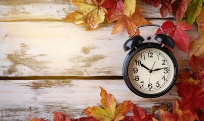 Daylight Savings Time Concept - Clock And Leaves On Wooden Table