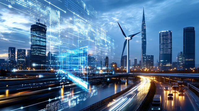 futuristic cityscape featuring solar panels and wind turbines, showcasing advanced technology and sustainable energy solutions. skyline is illuminated at dusk, creating vibrant atmosphere