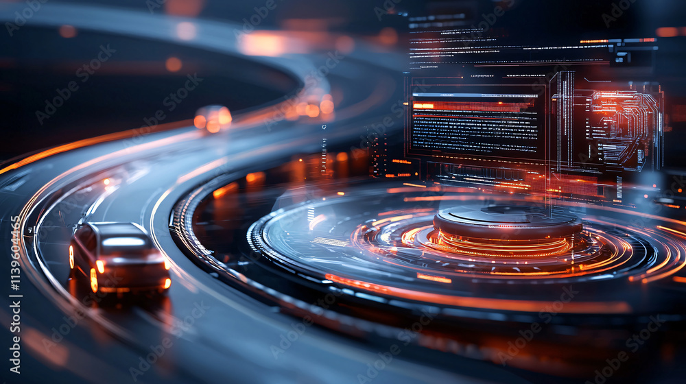 Fototapete futuristic road with autonomous electric vehicles and digital interface. scene showcases advanced te
