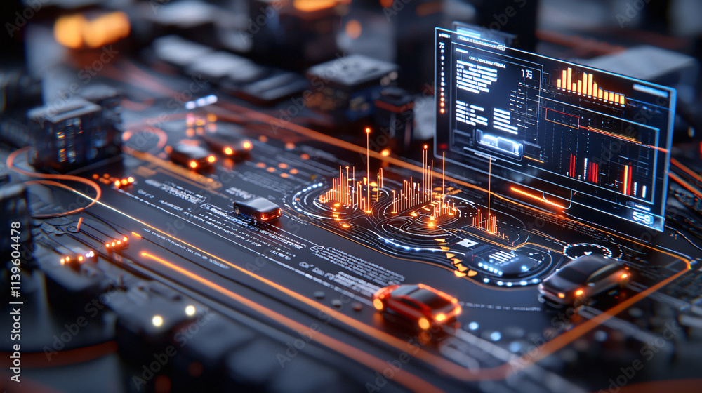 Poster Futuristic digital interface with glowing circuits and data visualization, showcasing advanced technology and autonomous vehicle systems