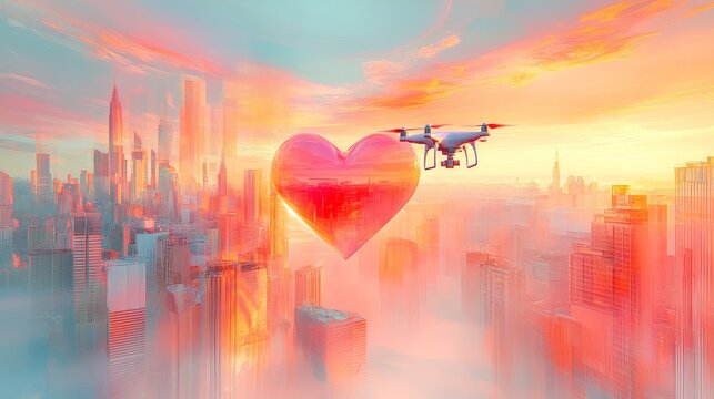 abstract cartoon illustration of drones over city with valentine red heart on sky and city background