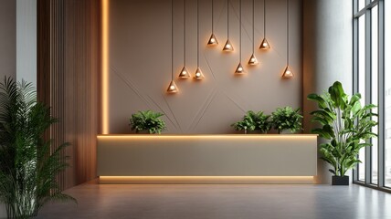 Sleek reception area showcasing modern geometric wall design for a contemporary business environment.