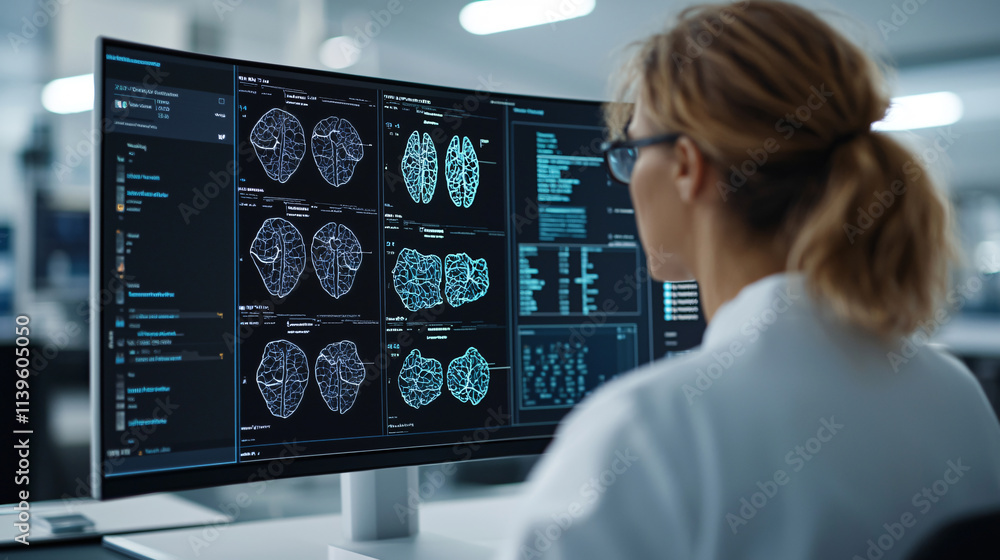 Poster innovative healthcare biotechnology presentation showcasing brain scans and data analysis. professio