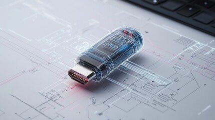 A clean and detailed drawing of a USB connector with clear markings and a minimal background,