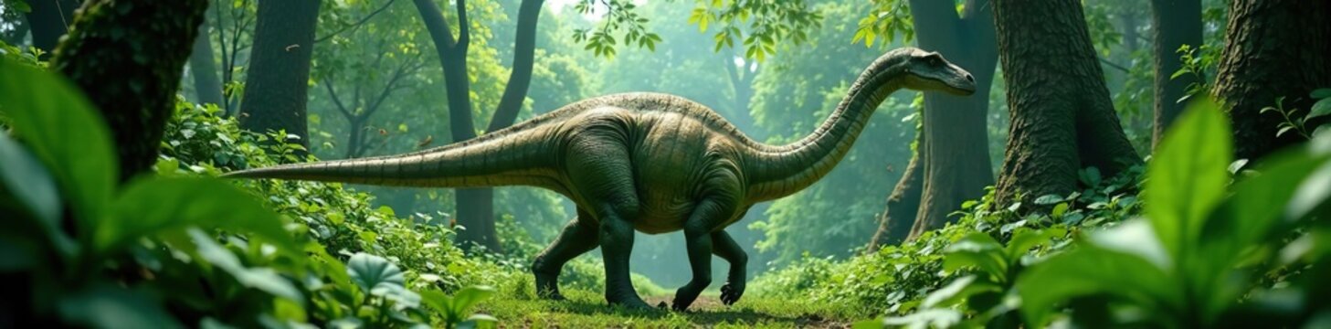 Diplodocus moves through dense jungle foliage, walk, green, diplodocus