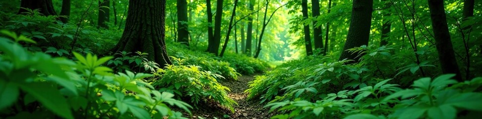 Obraz premium dense thicket of fresh green ferns and branches, ferns, foliage, woodlands