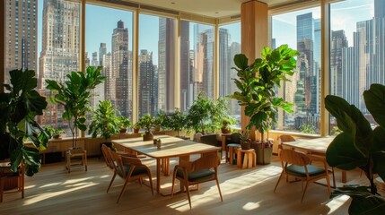 Modern, bright, airy city view dining space with plants.