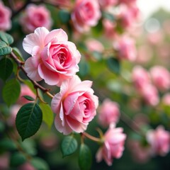 Fototapeta premium Delicate pink rose petals cascade down a tree branch, pink roses white flowers, blooming tree, nature photography