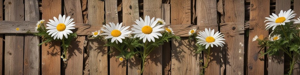 Obraz premium Daisies on an old wooden fence against an abstract vintage floral background, daisy, old fence,