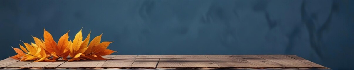 Colorful autumn orange leaves on a wooden podium on a blue background , wooden element, colorful leaves