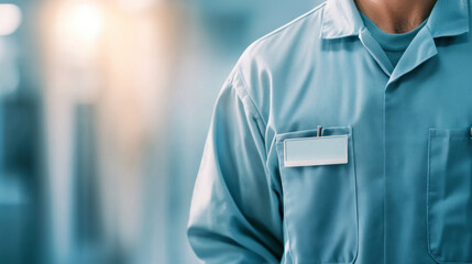 Healthcare professional in scrubs with name badge in hospital environment