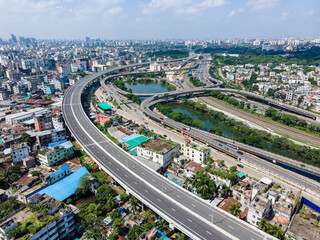 Drone View of Dhaka Elevated Expressway and Urban Cityscape in Bangladesh